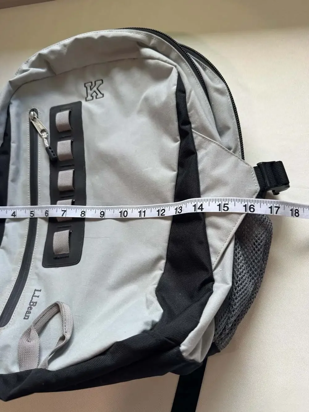 L.L.Bean Gray Black Backpack Monogram K Hiking Travel School Daypack